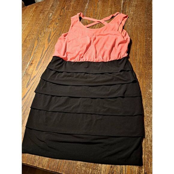 Enfocus 18W Coral Black Sparkle Sleeveless Mesh V-Back Party Dress - Picture 1 of 5